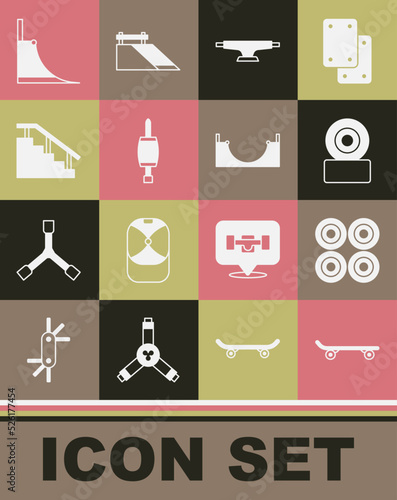 Set Skateboard, wheel, Screwdriver, stairs with rail, park and icon. Vector