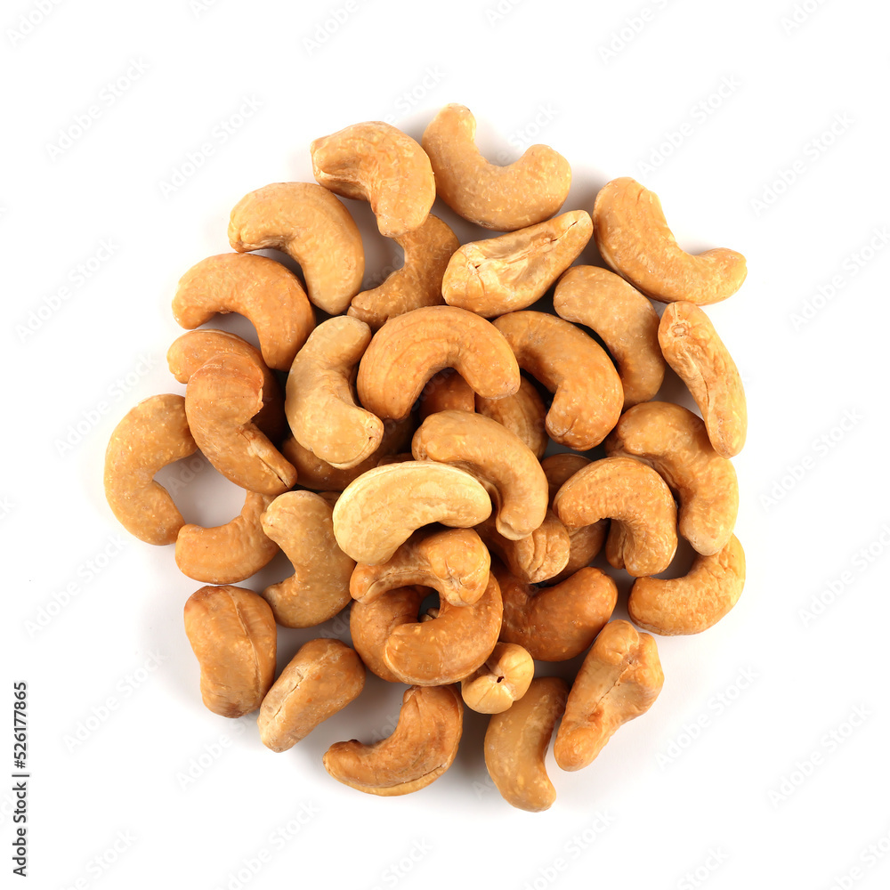 Set of roasted Cashew nuts isolated on white background. Set of roasted Cashew nuts isolated on white background.