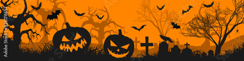 Halloween night background with silhouettes of halloween pumpkins cemetery and scary bats.