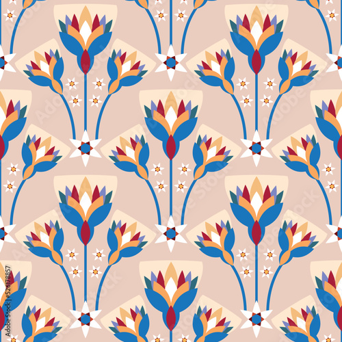 Seamless pattern vector illustration of the Egyptian ancient ornament with a lotus flower, leaves, papyrus, palm tree. Egyptian culture element For wallpaper, wrapping, paper, fabric, background
