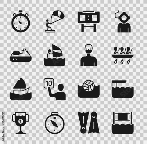 Set Water volleyball net, Diving board or springboard, Canoe rowing team sports, Sport mechanical scoreboard, Windsurfing, Jet ski, Stopwatch and Swimmer icon. Vector