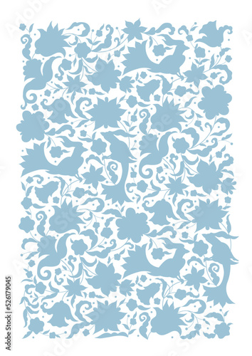 Vector floral pattern with birds, vignette, border, card design template. Elements in Eastern style. Ornate decoration, floral silhouette illustration. Isolated ornament. Ornamental decor A4 page size