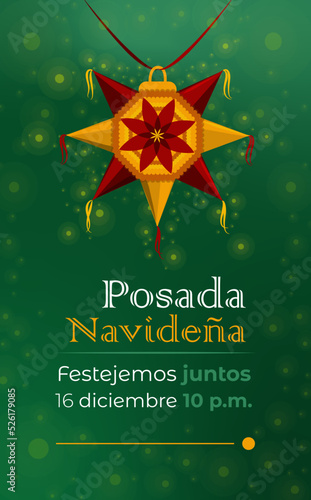 Poster de posada navideña mexicana. Piñata de posada como principal elemento y datos del evento. photo