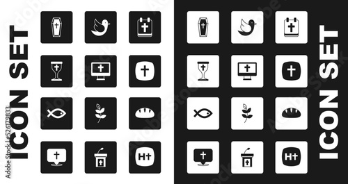 Set Calendar with Easter, Christian cross on monitor, chalice, Coffin, Dove, bread and fish symbol icon. Vector