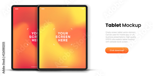 3D Tablet frame less blank screen. Empty screen device tablet mockup element. Can be used for mobile app, UI UX, business presentations. High quality EPS10 ultra realistic tablet with editable screen