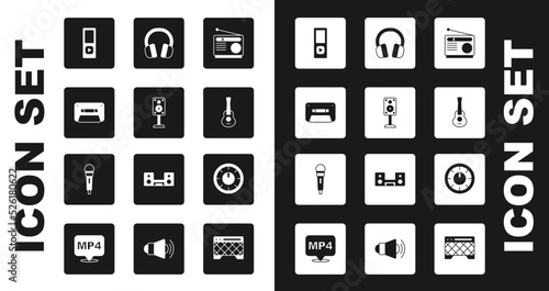 Set Radio, Stereo speaker, Retro audio cassette tape, Music player, Guitar, Headphones, Sound mixer controller and Microphone icon. Vector