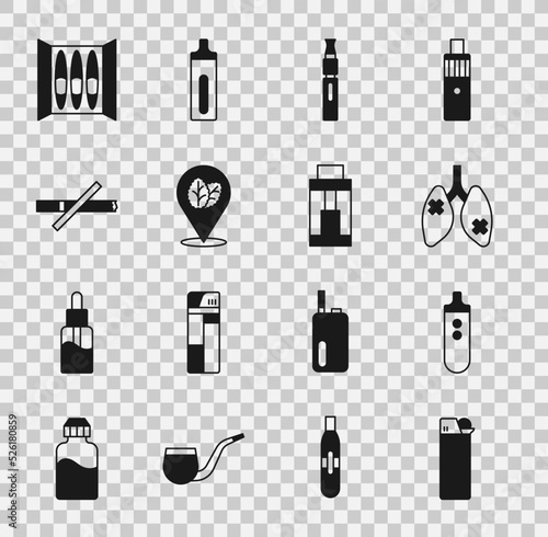 Set Lighter, Electronic cigarette, Disease lungs, Tobacco leaf, No smoking, Cigar and Vape mod device icon. Vector