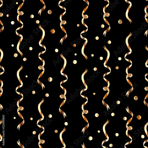 Gold serpentine and confetti seamless pattern on black background