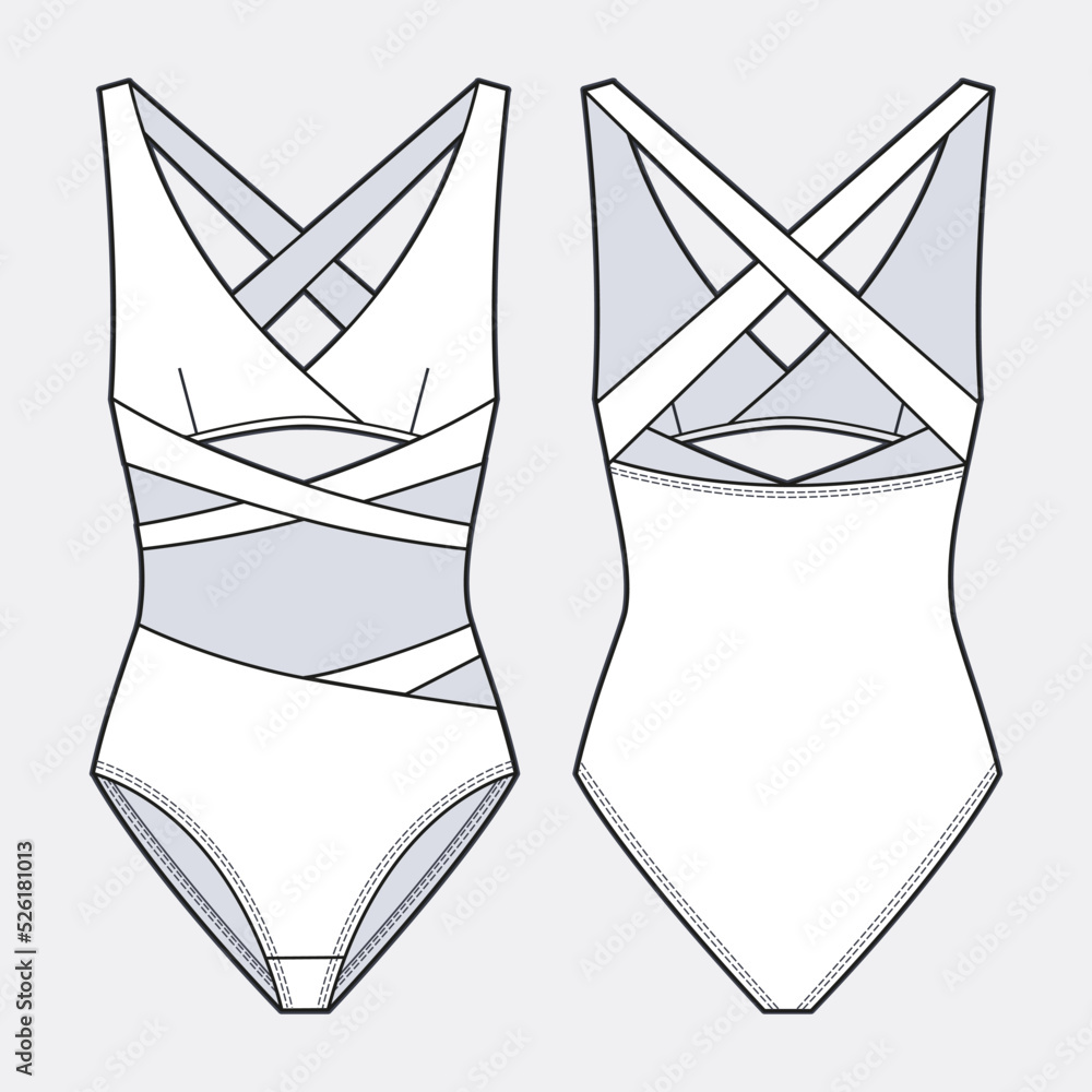 Women's Swimsuit fashion technical drawing template. Swimwear, Bodysuit ...