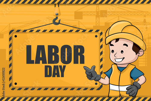 Industrial labor day background with telescopic crawler crane carrying a sign and worker in his personal protective equipment