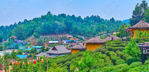 Panorama of tea plantation and resort of Ban Rak Thai Yunnan tea village, Thailand photo