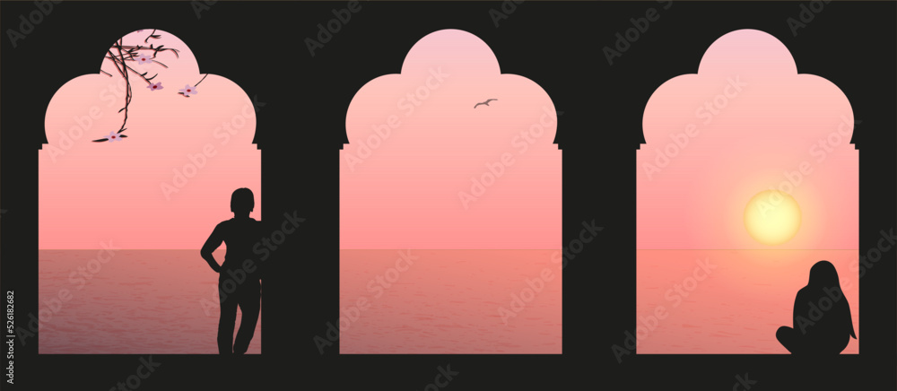 Φωτογραφία Silhouette of a couple under the arches against the background of the sea and sk
