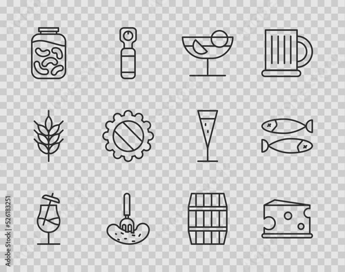 Set line Cocktail, Cheese, Pickled cucumber on fork, cucumbers in jar, Bottle cap, Wooden barrel and Dried fish icon. Vector
