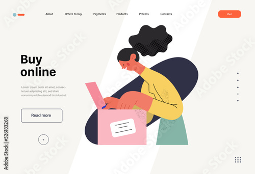 Buy online - Online shopping and electronic commerce web template - modern flat vector concept illustration of a woman unpacking a parcel box. Delivery, discounts, sale and online orders concept