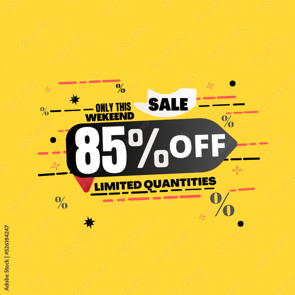 85% percent off(offer), limited quantities, yellow 3D super discount sticker, sale.(Black Friday) vector illustration, Eighty five 