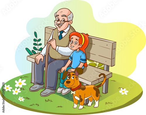 grandfather and granddaughter sitting on bench