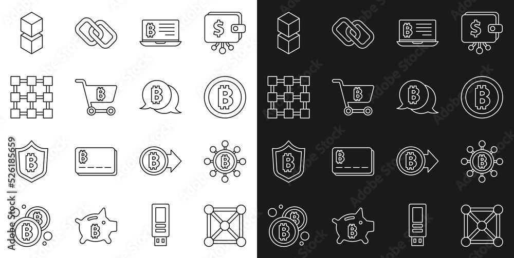 Set line Blockchain technology, Bitcoin, Mining bitcoin from laptop, Shopping cart with, and icon. Vector
