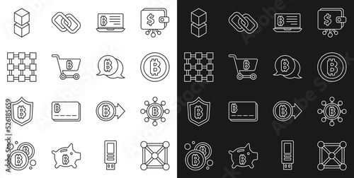 Set line Blockchain technology, Bitcoin, Mining bitcoin from laptop, Shopping cart with, and icon. Vector