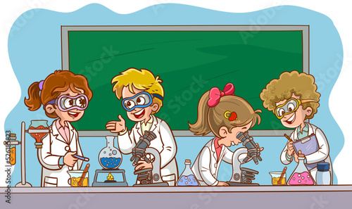 Cartoon students doing research with chemical fluid in the laboratory. Chemistry Classroom.