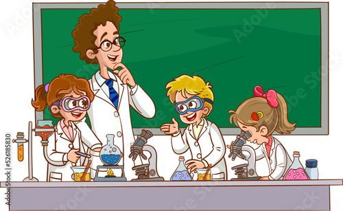 Vector illustration of lecture in Chemistry Class.Cartoon students and teacher doing research in lab.