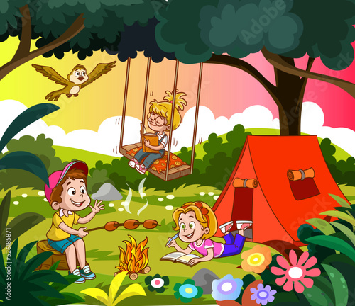 Scene with happy children camping in the forest illustration