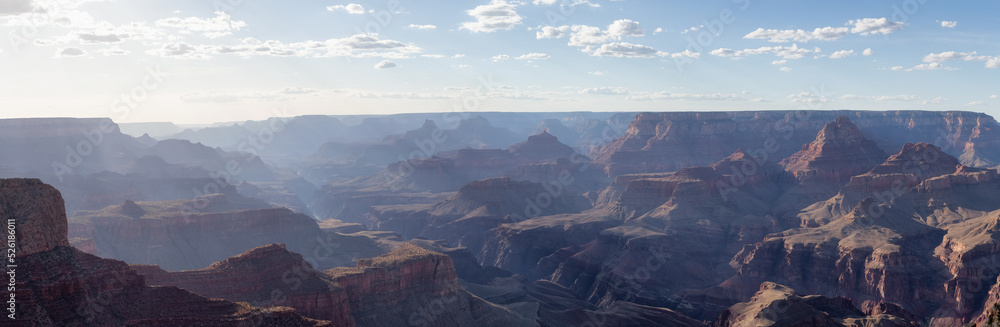 Desert Rocky Mountain American Landscape. Cloudy Sunny Sky. Grand Canyon National Park, Arizona, United States. Nature Background Panorama