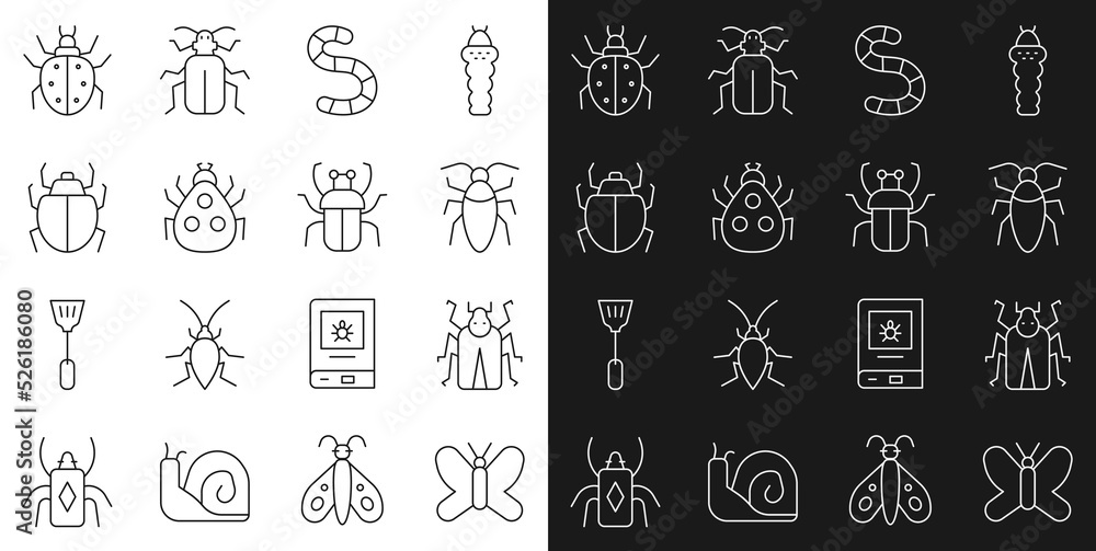 Set line Butterfly, Beetle bug, Cockroach, Worm, Ladybug, Mite, and Stink icon. Vector
