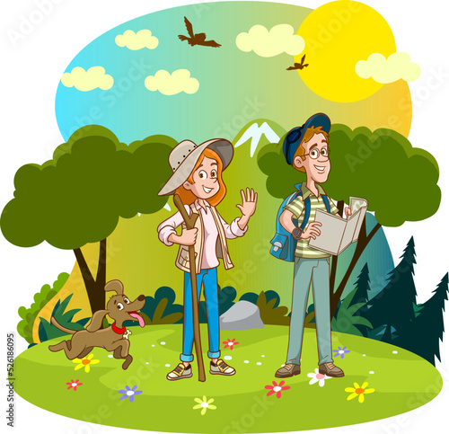A couple hiking in the mountains. Man Woman and Dogs Walk