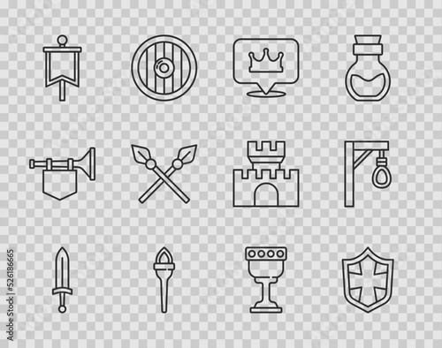 Set line Medieval sword, Shield, Location king crown, Torch flame, flag, Crossed medieval spears, goblet and Gallows icon. Vector