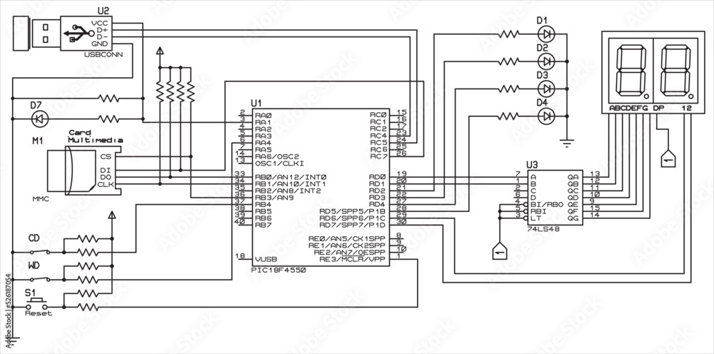 The vector  electrical schematic diagram of a digital usb
information output device,
operating under the control of an PIC microcontroller.
Vector drawing of an electronic device in a1 format. - obrazy, fototapety, plakaty 