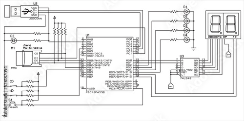 The vector  electrical schematic diagram of a digital usb
information output device,
operating under the control of an PIC microcontroller.
Vector drawing of an electronic device in a1 format. photo