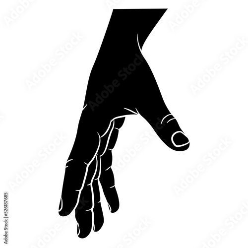 Human hand with open fingers. Cartoon style. Black and white negative silhouette.