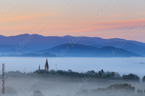 church in the mountains on a foggy spring morning, Lutowiska
