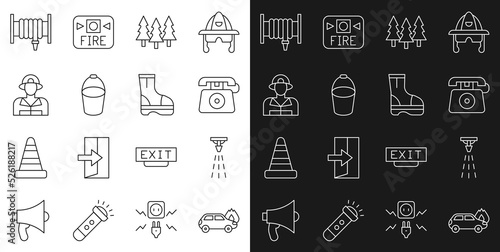 Set line Burning car, Fire sprinkler, Telephone call 911, Forest, bucket, Firefighter, hose reel and boots icon. Vector