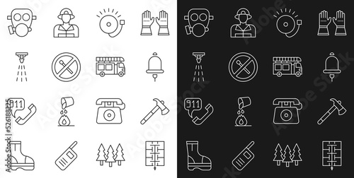 Set line Evacuation plan, Firefighter axe, Ringing alarm bell, No fire match, sprinkler, Gas mask and truck icon. Vector