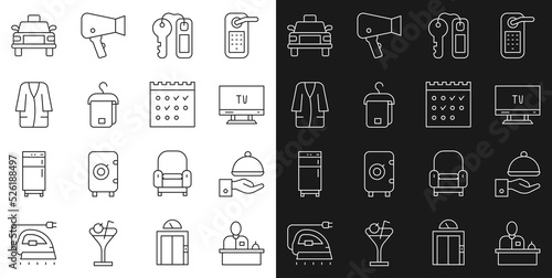 Set line Hotel reception desk, Covered with tray, Smart Tv, door lock key, Towel hanger, Bathrobe, Taxi car and booking calendar icon. Vector
