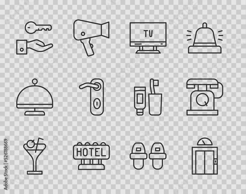 Set line Martini glass, Lift, Smart Tv, Signboard with text Hotel, door lock key, Door handle, slippers and Telephone handset icon. Vector