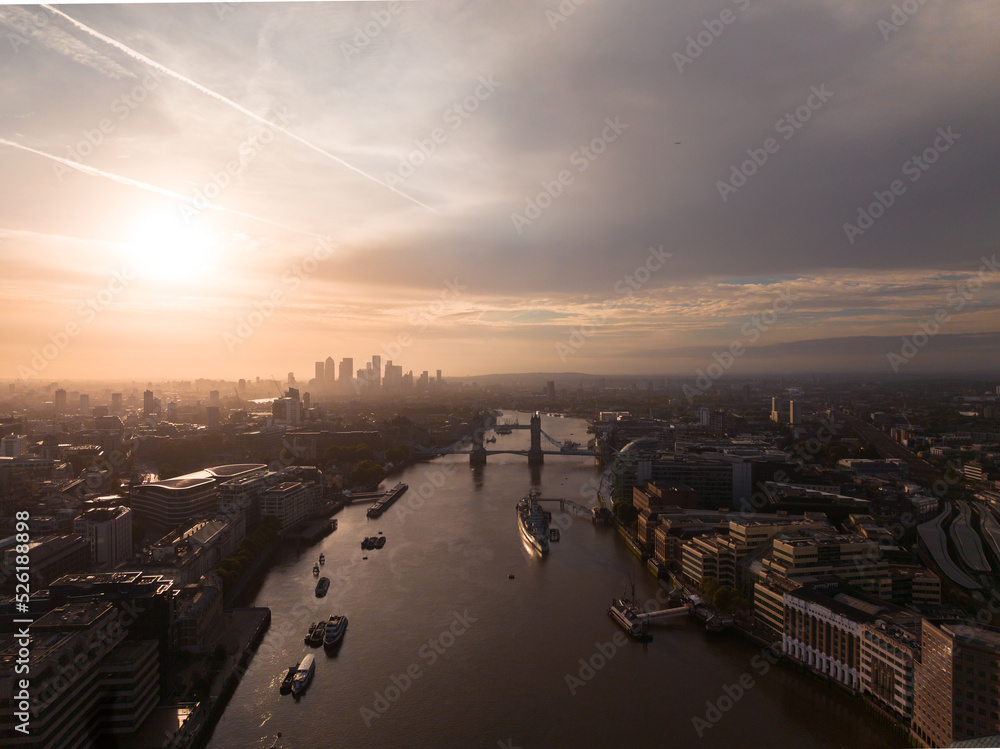 London aerial view of Tower Bridge at sunrise 