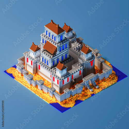 The 3D model was made in Magica Voskell in voxel format and rendered in blender, a beautiful castle in isometry on a blue background.