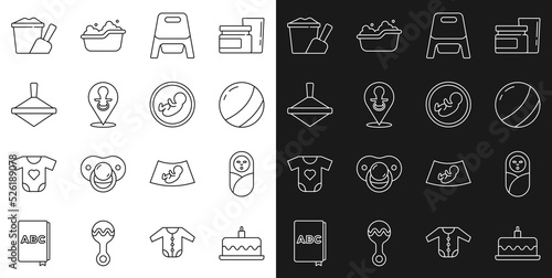 Set line Cake with burning candles, Newborn baby infant swaddled, Beach ball, Baby potty, dummy pacifier, Whirligig toy, Sand bucket shovel and icon. Vector