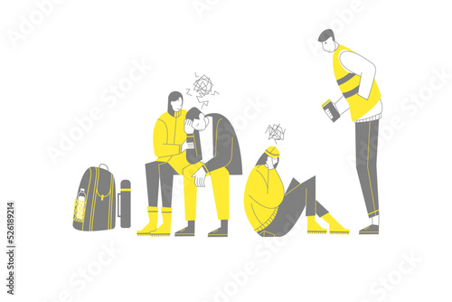 Group of refugees and volunteers help each other. Vector concept of the social problem of emigration.