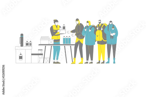 Group of refugees from men and women receives humanitarian aid from volunteers: water, clothes, food. Vector illustration demonstrates social problems and caring for people