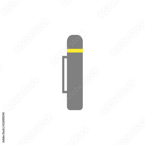 Vector illustration of a minimalist thermos bottle with a handle and yellow stripe, shown from the side. Ideal for camping icons, travel visuals, outdoor gear designs, and packing lists.