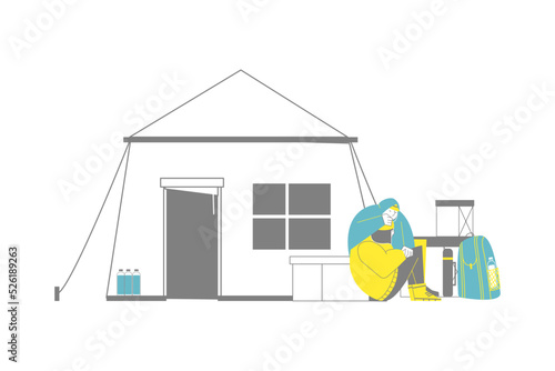 Refugees man and a woman near the tent help each other. A technical illustration of the social problem of people who have lost their homes. Vector illustration flat style 