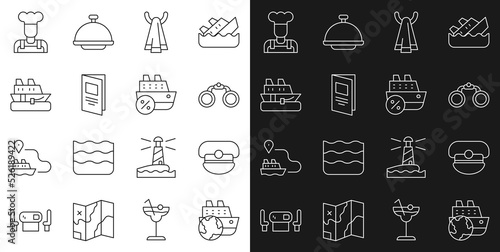 Set line Cruise ship, Captain hat, Binoculars, Towel on hanger, Brochure, Cook and icon. Vector