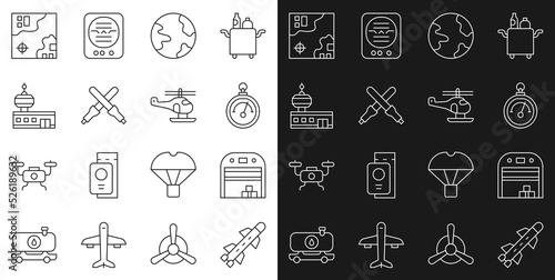 Set line Rocket, Aircraft hangar, Barometer, Worldwide, Marshalling wands, Airport control tower, travel map and Helicopter icon. Vector