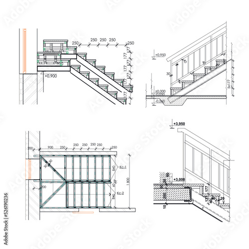Obraz na płótnie Detailed architectural plan of stairs, construction industry vector