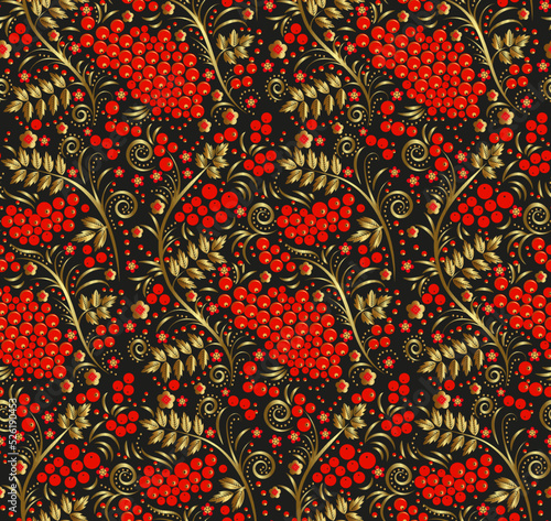 Vector seamless pattern in traditional russian style. Seamless pattern background with rowanberry for fabrics, wallpaper, interior, wall-coverings.