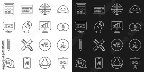 Set line Chalkboard, Function mathematical symbol, Mathematics sets A and B, XYZ Coordinate system, Calculator and Computer monitor with graph chart icon. Vector