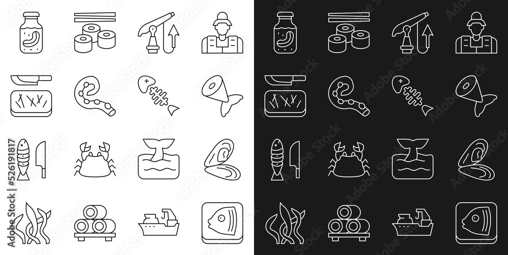 Set line Fish head, Mussel, tail, Fishing harpoon, Octopus of tentacle, Cutting board and knife, Sea cucumber jar and skeleton icon. Vector